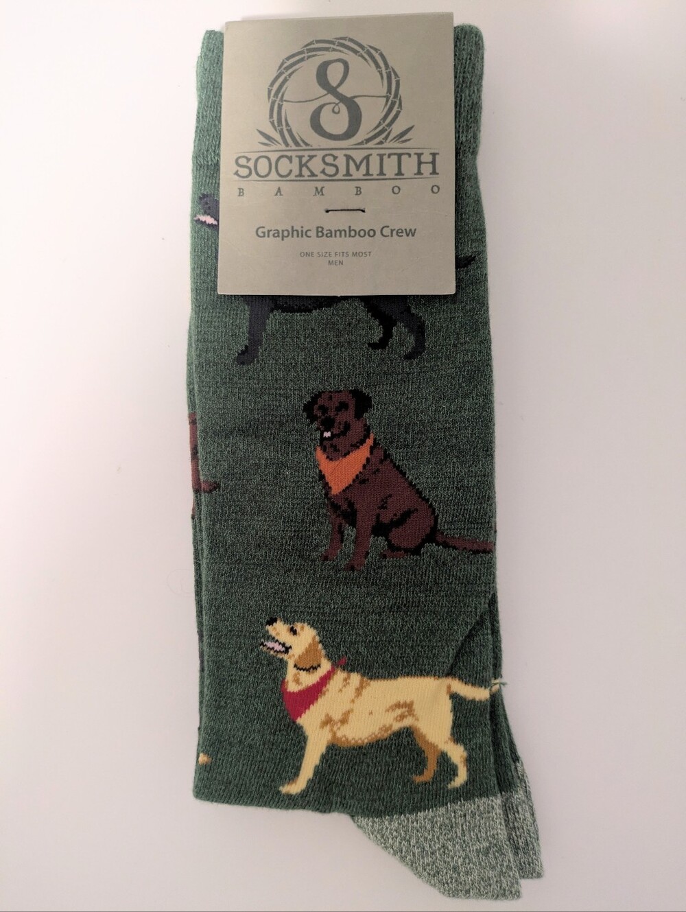 Socksmith Labrador Dog Print Graphic Bamboo Crew Socks Green Labs Men's OSFM
